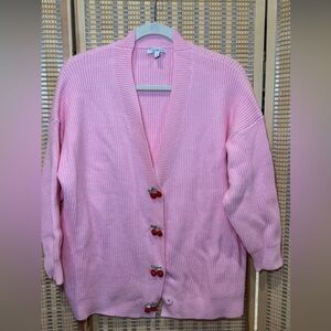 OLIVIA RUBIN Pink Ribbed Cardigan with Cherry Accents